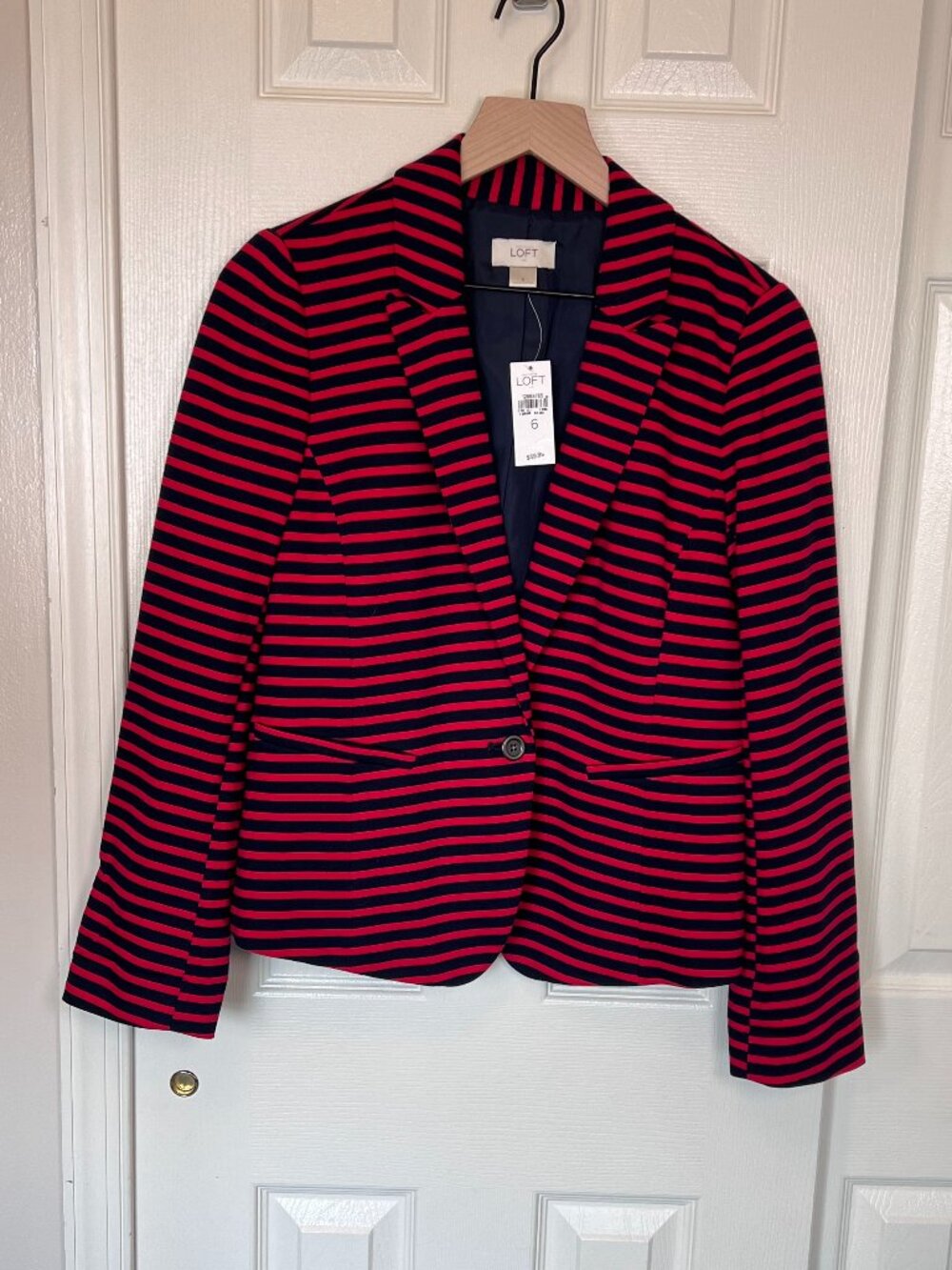 Loft Knit Lined Blazer Red And Navy Striped Size 6 NWT